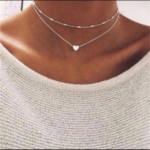 2 Layer Heart Chain Necklace Silver Color Choker